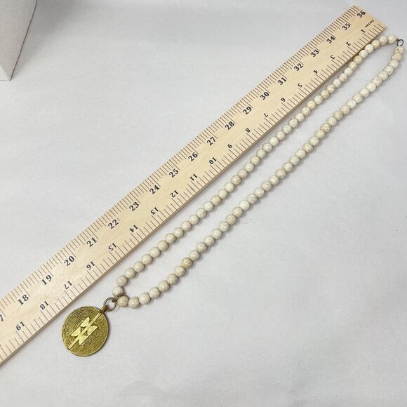 White Jasper Stone Bead Pendant Necklace Gold-Tone Geometric Medallion - Picture 11 of 14